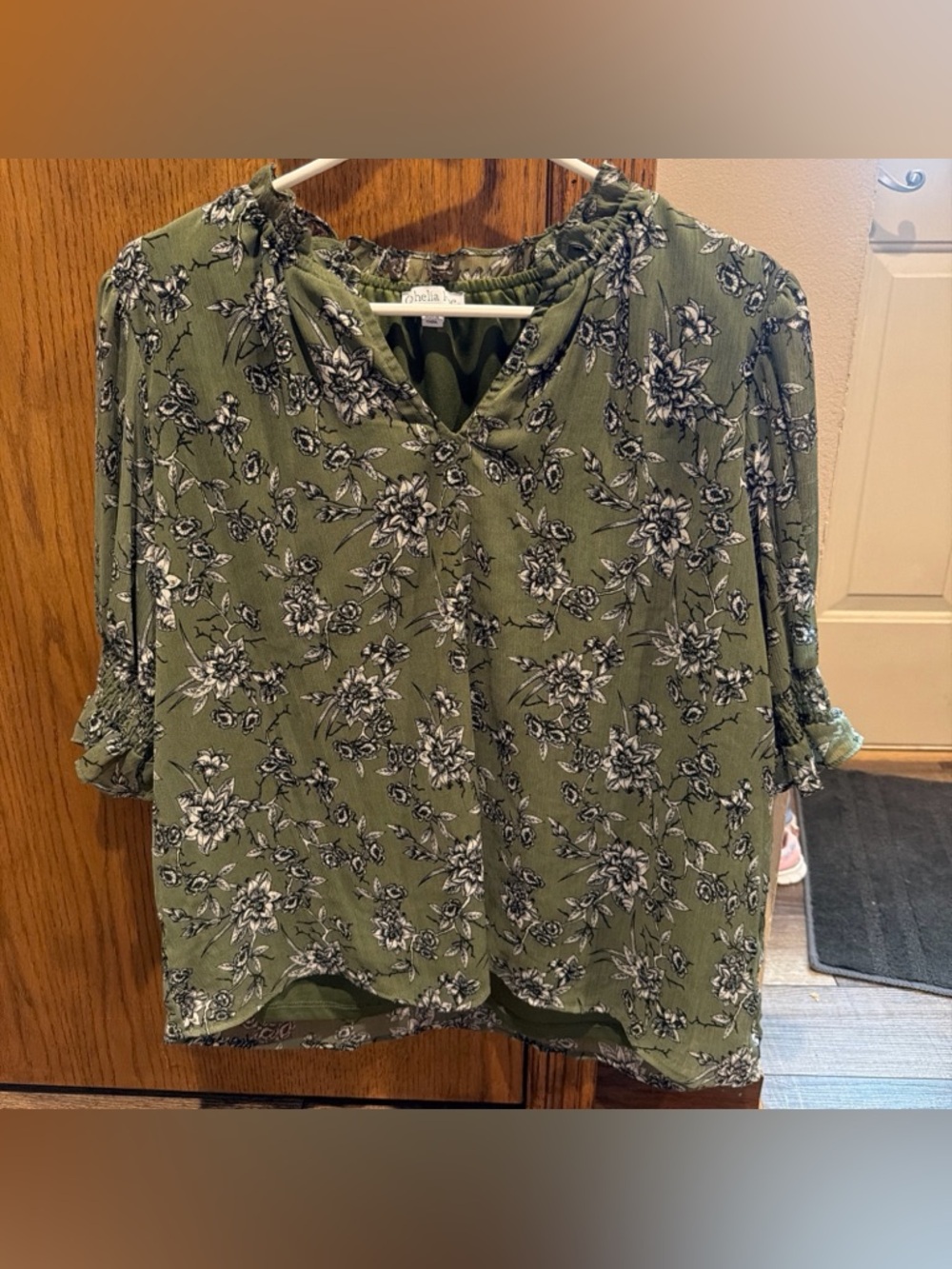 Olive Floral V-Neck Blouse with Rolled Sleeve Detail